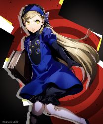 Rule 34 | 1girl, absurdres, black gloves, black shorts, blonde hair, blue dress, blue hairband, closed mouth, dress, elbow gloves, floating hair, gloves, hairband, highres, holding, lavenza (persona 5), long hair, looking to the side, nakano maru, persona, persona 5, short dress, shorts, shorts under dress, solo, swept bangs, twitter username, very long hair, yellow eyes