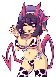 Rule 34 | 1girl, ;p, animal print, bad deviantart id, bad id, bikini, black hair, breasts, chinese zodiac, cow, cow print, daigada, demon tail, heart, heart-shaped pupils, highres, large breasts, looking at viewer, navel, one eye closed, original, selene (daigada), short hair, solo, swimsuit, symbol-shaped pupils, tail, tongue, tongue out, transparent background, year of the ox