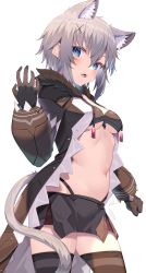 Rule 34 | 1girl, absurdres, animal ears, bad id, bad twitter id, bikini, bikini top only, black bikini, black coat, black gloves, black skirt, black thighhighs, blue eyes, breasts, cat ears, cat girl, cat tail, coat, commission, cowboy shot, extra ears, fur trim, gloves, grey hair, hair ornament, hand up, highleg, highleg bikini, highres, jun (aousa0328), long sleeves, looking at viewer, medium breasts, midriff, miniskirt, navel, open clothes, open coat, open mouth, original, puffy sleeves, short hair, simple background, skeb commission, skirt, solo, standing, stomach, swimsuit, tail, thighhighs, white background, x hair ornament, zettai ryouiki