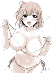 Rule 34 | 1girl, bikini, bikini pull, blush, breasts, cleavage, clothes pull, collarbone, covered erect nipples, cowboy shot, hair bun, highres, inanaki shiki, large breasts, looking at viewer, monochrome, navel, open mouth, pulling own clothes, short hair, side-tie bikini bottom, simple background, single hair bun, smile, solo, standing, stomach, swimsuit, teeth, upper teeth only, wet, white background, yahari ore no seishun lovecome wa machigatteiru., yuigahama yui