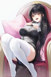 Rule 34 | 1girl, absurdres, black dress, black hair, blush, breast suppress, breasts, couch, cross print, dress, full body, hand on own chest, heart, highres, index finger raised, large breasts, leaning back, lillly, long hair, long sleeves, looking at viewer, nun, on couch, open mouth, original, pillow, raised eyebrows, sitting, smile, solo, thighhighs, thighs, white thighhighs, yellow eyes, zettai ryouiki
