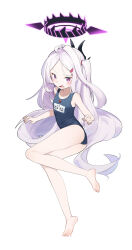 Rule 34 | 1girl, absurdres, barefoot, blue archive, blue one-piece swimsuit, blush, commentary, demon girl, demon horns, flat chest, forehead, full body, hair ornament, hairclip, halo, highres, hina (blue archive), hina (swimsuit) (blue archive), horns, knees together feet apart, legs, long hair, looking at viewer, name tag, nijiko uro, official alternate costume, one-piece swimsuit, one side up, open mouth, parted bangs, purple eyes, purple halo, school swimsuit, simple background, soles, solo, sweatdrop, swimsuit, toes, very long hair, whistle, whistle around neck, white background, white hair