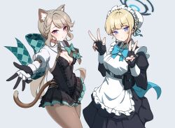 Rule 34 | 1girl, 2girls, animal ear fluff, animal ears, apron, belt, black dress, black gloves, black leotard, blonde hair, blue archive, blue background, blue eyes, bow, bowtie, braid, breasts, brown hair, brown pantyhose, bun cover, cat ears, cat girl, cat tail, cleavage, closed mouth, crossover, double v, dress, earpiece, feet out of frame, fingerless gloves, genshin impact, gloves, hair bun, halo, highres, hr.r, juliet sleeves, leotard, long hair, long sleeves, lynette (genshin impact), maid apron, maid headdress, microphone, multiple girls, pantyhose, pouch, puffy sleeves, reaching, reaching towards viewer, short hair, shrug (clothing), simple background, small breasts, solo, tail, toki (blue archive), v