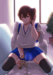 Rule 34 | 1boy, 1girl, adjusting hair, admiral (kancolle), backlighting, breasts, brown eyes, brown hair, clothed sex, couch, girl on top, gloves, hair between eyes, hakama, hakama short skirt, hakama skirt, highres, indoors, japanese clothes, kaga (kancolle), kantai collection, kashiru, large breasts, military, military uniform, partially fingerless gloves, partly fingerless gloves, penis, plant, pleated skirt, pussy, sex, side ponytail, skirt, smile, solo focus, spread legs, sweat, sweatdrop, tasuki, thighhighs, thighs, uniform, window, yugake
