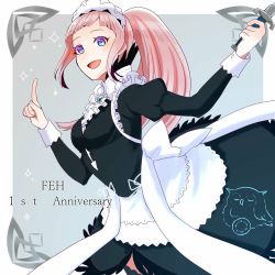 Rule 34 | 1girl, anniversary, apron, blue eyes, breasts, copyright name, cowboy shot, dagger, feh (fire emblem heroes), felicia (fire emblem), fire emblem, fire emblem fates, fire emblem heroes, grey background, index finger raised, knife, long hair, looking at viewer, maid, maid apron, maid headdress, medium breasts, nintendo, open mouth, pink hair, ponytail, simple background, smile, solo, tyotto ko i, weapon
