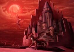 Rule 34 | building, castle, clock, cloud, dragon, highres, moon, night, no humans, red moon, red theme, scenery, shouu, western dragon