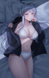 Rule 34 | 1girl, absurdres, bed sheet, black jacket, blue archive, blush, bra, breasts, collarbone, cowboy shot, grey hair, halo, highres, jacket, kangse415, large breasts, light smile, long hair, long sleeves, looking at viewer, mechanical halo, navel, noa (blue archive), open clothes, open jacket, panties, pillow, purple eyes, side-tie panties, solo, tongue, tongue out, underwear, white bra