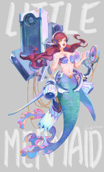 Rule 34 | 1girl, :d, animification, ariel (disney), character name, christon-clivef, commentary, english commentary, floating hair, full body, grey background, headphones, highres, long hair, looking at viewer, mecha musume, mermaid, midriff, monster girl, navel, open mouth, orange eyes, procreate (medium), red hair, shell, shell bikini, simple background, smile, solo, the little mermaid, yellow eyes