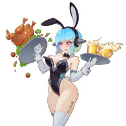 Rule 34 | 1girl, android, android mk.99, animal ears, ass, bare shoulders, beer mug, bird, black bow, black bowtie, black leotard, blue hair, blunt bangs, bow, bowtie, breasts, broccoli, chicken, cleavage, commentary request, covered navel, cowboy shot, cup, curled fingers, detached collar, drill, elbow gloves, eyelashes, fake animal ears, fake tail, gloves, guardian tales, highleg, highleg leotard, highres, holding, holding tray, joker.z, leotard, lettuce, medium breasts, mug, nipple slip, nipples, no bra, official alternate costume, open mouth, rabbit tail, red eyes, short hair, simple background, solo, strapless, strapless leotard, tail, thick eyelashes, thighhighs, thighs, tomato, tray, white background, white gloves, white thighhighs, wrist cuffs