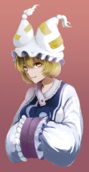 Rule 34 | 1girl, animal hat, asa (goodikanosushi), bad id, bad pixiv id, blonde hair, breasts, closed mouth, cropped torso, dress, frills, hands in opposite sleeves, hat, highres, large breasts, long sleeves, looking at viewer, looking to the side, mob cap, mob cap, sideways glance, smile, solo, tabard, tassel, touhou, upper body, white dress, wide sleeves, yakumo ran, yellow eyes