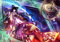 Rule 34 | 1girl, 54hao, absurdly long hair, black hair, blunt bangs, blush, closed eyes, closed mouth, collarbone, eyebrows, floral print, head tilt, highres, holding, instrument, japanese clothes, kimono, light particles, long hair, long sleeves, obi, original, planet, sash, solo, space, very long hair, wide sleeves