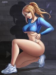 Rule 34 | 1girl, absurdres, artist logo, ass, blonde hair, blue eyes, breasts, completely nude, female ass, flowerxl, hair ribbon, highres, huge ass, large breasts, metroid, nintendo, nude, pink lips, red ribbon in hair, ribbon, samus aran, solo, thick thighs, thighs, underboob, video game character, wide hips