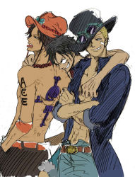 Rule 34 | 3boys, belt, black hair, blonde hair, brothers, character name, chin cord, crossed arms, denim, freckles, fur trim, goggles, goggles on headwear, hat, hat over one eye, jeans, jewelry, jolly roger, male focus, monkey d. luffy, multiple boys, muscular, necklace, one piece, open clothes, open shirt, pants, pirate, portgas d. ace, red vest, sabo (one piece), sad face, scar, shirt, topless male, shorts, shueisha, siblings, smiley face, stampede string, tattoo, time paradox, tongue, top hat, vest