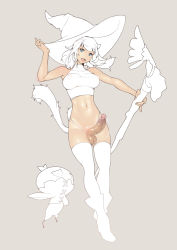Rule 34 | 10s, 1girl, animal ears, blue eyes, boots, breasts, cat ears, cat tail, cum, ejaculation, erection, final fantasy, final fantasy xiv, full body, futanari, halterneck, halterneck, handsfree ejaculation, hat, highleg, highleg panties, highres, large breasts, midriff, miqo&#039;te, navel, open mouth, panties, partially colored, penis, pinky out, revealing clothes, short hair, simple background, smile, solo, staff, tail, testicles, thighhighs, tomoyuki kotani, uncensored, underwear, veins, veiny penis, witch hat, wizard hat
