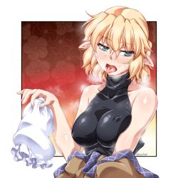 Rule 34 | 1girl, arm warmers, bare shoulders, blonde hair, blush, breasts, detached sleeves, covered erect nipples, green eyes, hot, large breasts, mizuhashi parsee, ootsuki wataru, open mouth, pointy ears, short hair, sleeveless, sleeveless turtleneck, unworn sleeves, solo, steam, steaming body, sweat, tongue, tongue out, touhou, turtleneck, twitter username, unaligned breasts