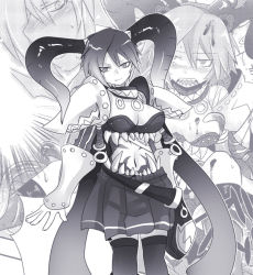 Rule 34 | 1girl, armor, blush, breasts, closed mouth, commentary request, emon-yu, eyes visible through hair, feet out of frame, genetic (ragnarok online), greyscale, hair between eyes, horns, kneehighs, living clothes, looking at viewer, medium breasts, monochrome, multiple views, navel, open mouth, pauldrons, pleated skirt, purple theme, ragnarok online, sharp teeth, short hair, shoulder armor, skirt, smile, socks, standing, teeth, tentacles, tsurime