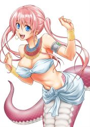 Rule 34 | 1girl, :d, aoki kanji, armlet, bandeau, blue eyes, bra, bracelet, commentary, covered erect nipples, earrings, fangs, fingernails, hoop earrings, jewelry, lamia, long hair, looking at viewer, monster girl, nail polish, navel, necklace, open mouth, pink hair, pointy ears, pretty lamia, quad tails, red nails, scales, sharp fingernails, simple background, smile, solo, stomach, strapless, strapless bra, underwear, usekh collar, white background, white bra