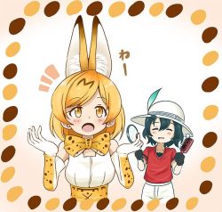 Rule 34 | 10s, 2girls, alternate hairstyle, animal ears, backpack, bag, black gloves, blush stickers, bow, bowtie, breasts, bucket hat, closed eyes, comic, commentary request, elbow gloves, gloves, gradient background, hair between eyes, hand mirror, hands up, hat, hat feather, holding, holding brush, kaban (kemono friends), kemono friends, medium breasts, mirror, multiple girls, open mouth, parted bangs, red shirt, serval (kemono friends), serval print, serval tail, shino (ponjiyuusu), shirt, short hair, short sleeves, shorts, skirt, sleeveless, sleeveless shirt, smile, surprised, t-shirt, tail, translated, white shirt, white shorts, yellow eyes