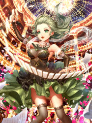 Rule 34 | 1girl, black shirt, black thighhighs, breasts, bridal gauntlets, cleavage, column, dome, earrings, floating hair, flower, flying paper, green eyes, green hair, green shirt, jewelry, kankito, long hair, matching hair/eyes, paper, parted lips, petals, pillar, qurare magic library, rose, see-through, shirt, sleeveless, sleeveless shirt, solo, thighhighs, white flower, white rose