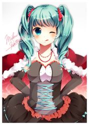 Rule 34 | 1girl, :q, ;q, aqua eyes, aqua hair, bad id, bad pixiv id, character name, corset, elbow gloves, gloves, hands on own hips, hatsune miku, jewelry, necklace, one eye closed, rinndouk, signature, skirt, solo, tongue, tongue out, twintails, vocaloid, wink