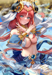 Rule 34 | 1girl, aqua eyes, bare shoulders, blue skirt, blurry, blurry background, blush, breasts, brooch, circlet, closed mouth, cowboy shot, crop top, crossed wrists, dancer, detached sleeves, floating hair, genshin impact, harem outfit, highres, horns, jewelry, long hair, long sleeves, looking at viewer, medium breasts, navel, neck ring, nilou (genshin impact), parted bangs, piukute062, puffy long sleeves, puffy sleeves, red hair, revealing clothes, signature, skirt, smile, solo, stomach, vambraces, veil, vision (genshin impact), x arms