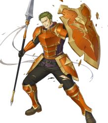 1boy armor broken_armor broken_shield cheekbones clenched_teeth fire_emblem fire_emblem:_the_blazing_blade fire_emblem_heroes full_body green_eyes green_hair highres holding holding_polearm holding_shield holding_weapon male_focus mature_male nintendo official_art orange_armor oswin_(fire_emblem) polearm shibayama_wankuro shield short_hair sideburns solo teeth third-party_source torn_clothes transparent_background weapon