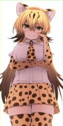 Rule 34 | 1girl, blush, breast pocket, breasts, cheetah (kemono friends), cheetah ears, cheetah girl, cheetah print, fang, gloves, hand on own cheek, hand on own face, highres, karekusa meronu, kemono friends, large breasts, long hair, looking at viewer, necktie, pocket, print gloves, print legwear, print necktie, print neckwear, print skirt, simple background, skirt, smile, spotted hair, spotted skirt, tsurime, white background