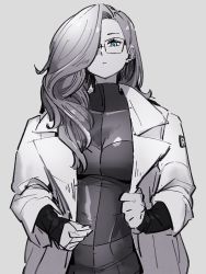 Rule 34 | 1girl, alternate hairstyle, android 21, blue eyes, checkered clothes, checkered dress, closed mouth, dragon ball, dress, glasses, grey background, greyscale, hair over one eye, kemachiku, lab coat, long sleeves, looking at viewer, monochrome, red ribbon army, simple background, solo