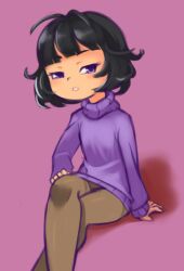 Rule 34 | 1girl, arm support, black hair, blush, brown pantyhose, drantyno, flat chest, highres, long sleeves, looking at viewer, pantyhose, parted lips, purple background, purple eyes, purple sweater, short hair, sitting, sweater, teeth