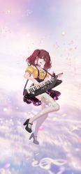 Rule 34 | 1girl, absurdres, bad id, bad pixiv id, black skirt, brown hair, commission, floating, frilled shirt, frills, highres, instrument, keytar, lee roha, looking at viewer, nijisanji, nijisanji kr, off-shoulder shirt, off shoulder, open mouth, purple eyes, sacra (padurea), shirt, skeb commission, skirt, sky, smile, solo, suspenders, thighhighs, twintails, virtual youtuber, white thighhighs, yellow shirt