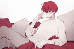 Rule 34 | 1boy, bowl cut, covered mouth, cup, drinking, feet out of frame, hair over eyes, hand up, holding, holding cup, knee up, long sleeves, looking at viewer, male focus, original, pants, pillow, reclining, red hair, shirt, short hair, sketch, solo, uhui, white background, white shirt