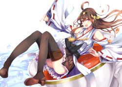 Rule 34 | 10s, 1girl, ahoge, bare shoulders, black footwear, black thighhighs, boots, brown hair, brown skirt, bubble, cup, detached sleeves, double bun, frills, hair bun, hairband, headgear, japanese clothes, kantai collection, knees together feet apart, kongou (kancolle), konkito, long hair, looking at viewer, nontraditional miko, open mouth, pleated skirt, purple eyes, ribbon-trimmed sleeves, ribbon trim, simple background, skirt, solo, tea, teacup, teeth, thigh boots, thighhighs, water, white background