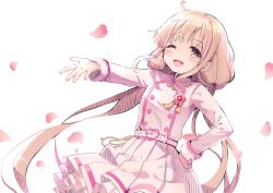 Rule 34 | 1girl, belt, blonde hair, blush, bow, brown eyes, buckle, corsage, cowboy shot, dot nose, dress, falling petals, flat chest, flower, futaba anzu, greatpengh, hair bow, hand on own hip, heart, heart-shaped buckle, highres, idolmaster, idolmaster cinderella girls, idolmaster cinderella girls starlight stage, layered skirt, long hair, long sleeves, looking at viewer, low twintails, one eye closed, open hand, open mouth, petals, pink flower, pleated skirt, reaching, red bow, skirt, smile, solo, standing, twintails, very long hair, white background, white belt, white dress