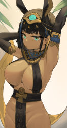 Rule 34 | 1girl, absurdres, animal ears, aqua eyes, armpits, arms up, black gloves, black hair, blue hair, blunt bangs, breasts, cleavage, commission, cowboy shot, dark-skinned female, dark skin, egyptian clothes, egyptian mythology, elbow gloves, gloves, hair ornament, highres, large breasts, multicolored hair, no panties, original, pelvic curtain, revealing clothes, second-party source, set (mythology), set (romana), solo, streaked hair, tonki