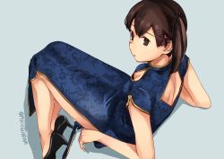 Rule 34 | 1girl, back cutout, black footwear, blue background, blue dress, brown eyes, brown hair, china dress, chinese clothes, cleavage cutout, clothing cutout, dress, floral print, full body, high heels, kaga (kancolle), kantai collection, makio (makiomeigenbot), short hair, side ponytail, simple background, sitting, solo, unmoving pattern