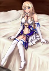 Rule 34 | 1girl, agrias oaks, bed, blonde hair, blue eyes, blush, bow, braid, choker, elbow gloves, final fantasy, final fantasy tactics, gloves, hair bow, hozenkakari, jewelry, long hair, necklace, pillow, pleated skirt, single braid, skirt, smile, solo, thighhighs