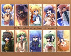 Rule 34 | 6+girls, backpack, bag, blonde hair, blue eyes, blue hair, brown hair, character request, closed eyes, flat chest, glasses, green eyes, green hair, heterochromia, japanese clothes, kso, long hair, looking at viewer, lying, maid, meyuu (kso), microphone, miko, multiple girls, on back, open mouth, original, overalls, pointy ears, randoseru, red eyes, short hair, skirt, smile, sunset, uniform