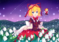 Rule 34 | 2girls, absurdres, asusilver (artist), black shirt, blonde hair, blush, bow, bowtie, brown skirt, doll, doll joints, fairy wings, flower, frilled sleeves, frills, hair between eyes, hair ribbon, head tilt, highres, joints, light particles, lily (flower), lily of the valley, long hair, medicine melancholy, multiple girls, night, night sky, outdoors, puffy short sleeves, puffy sleeves, red bow, red bowtie, red ribbon, red shirt, red skirt, ribbon, shirt, shooting star, short sleeves, skirt, skirt hold, sky, star (sky), starry sky, su-san, touhou, wings