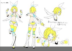 Rule 34 | 1girl, blonde hair, blue eyes, boots, bow, bra, character sheet, elbow pads, gloves, hair bow, hair ornament, hairclip, kagamine rin, knee pads, manbou no ane, panties, ring no seraph (vocaloid), short hair, simple background, standing, standing on one leg, translated, two-tone legwear, underwear, vocaloid, white background, white legwear, wrestling outfit, yellow gloves, yellow panties