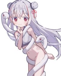 1girl :3 blush bottomless crop_top double_bun flat_chest grey_hair hair_bun long_hair looking_at_viewer navel original red_eyes simple_background smile snake snake_wrapped_around_body solo tadashisa white_background white_snake