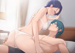 Rule 34 | 1boy, 1girl, absurdres, ass, back, bare back, bed, blue eyes, blue hair, boxers, bra, breasts, byleth (fire emblem), byleth (male) (fire emblem), fire emblem, fire emblem: three houses, furo atsushi, hetero, highres, indoors, looking at another, male underwear, medium breasts, muscular, muscular male, nintendo, on bed, panties, purple eyes, shamir nevrand, short hair, sweat, thighs, underwear, white bra, white panties
