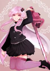Rule 34 | 1girl, arano oki, arm up, black footwear, black jacket, black skirt, boots, brown background, cape, chainsaw, closed mouth, commentary request, cosplay, cosplay request, hair ornament, highres, holding, jacket, kimetsu no yaiba, kneeling, long hair, long sleeves, looking at viewer, pink eyes, pink hair, pleated skirt, purple thighhighs, ribbed legwear, simple background, skirt, smile, solo, thighhighs, voiceroid, white cape, yuzuki yukari