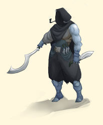 Rule 34 | blue skin, cape, colored skin, knife, kopesh, kukri, smoking pipe, sword, weapon