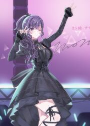 Rule 34 | 1girl, :|, absurdres, arm up, asahina mafuyu, black dress, blush, breasts, closed mouth, dot nose, double v, dress, feet out of frame, from side, glowstick, half updo, hands up, high-low skirt, highres, juliet sleeves, large breasts, long bangs, long sleeves, looking ahead, mafuyusdil, one eye closed, pleated dress, ponytail, project sekai, puffy sleeves, purple eyes, purple hair, screen, sidelocks, sleeves past wrists, solo, stage, stage lights, truss, v
