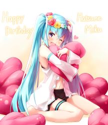 Rule 34 | 1girl, ;d, ahoge, aqua hair, blue eyes, blush, character name, detached sleeves, gradient background, hair ribbon, happy birthday, hatsune miku, head wreath, heart, heart-shaped pillow, highres, long hair, hugging object, one eye closed, open mouth, pillow, pillow hug, ribbon, sitting, smile, solo, takanashie, thigh strap, twintails, very long hair, vocaloid, wariza