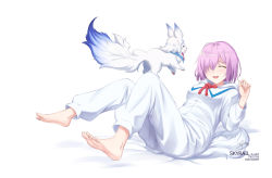 Rule 34 | 1girl, alternate costume, animal, artist name, barefoot, blush, commentary request, closed eyes, fate/grand order, fate (series), fou (fate), hair over one eye, light purple hair, lying, mash kyrielight, pajamas, purple hair, short hair, simple background, skyrail, smile, solo, tail, white background