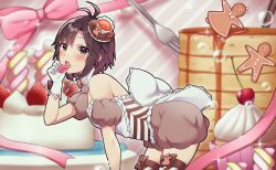 Rule 34 | 1girl, absurdres, all fours, antenna hair, arm strap, blurry, blurry background, blush, bow, bowtie, brown eyes, brown hair, cake, detached collar, eating, food, fork, gloves, grey shorts, hair between eyes, hair ornament, highres, holding, holding food, idolmaster, idolmaster (classic), kikuchi makoto, macaron, open mouth, pink ribbon, raimone26, ribbon, short hair, short shorts, shorts, solo, sparkle, striped bow, striped bowtie, striped clothes, thigh gap, white gloves