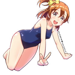 Rule 34 | 10s, 1girl, :d, blue eyes, bow, breasts, hair bow, kosaka honoka, looking at viewer, love live!, love live! school idol project, one-piece swimsuit, open mouth, orange hair, school swimsuit, short hair, side ponytail, simple background, skull573, smile, solo, swimsuit, twitter username, v, white background, yellow bow