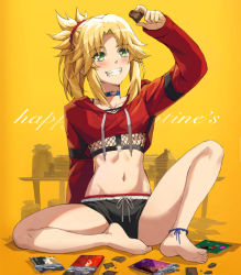 Rule 34 | 1girl, barefoot, black shorts, blonde hair, blush, braid, breasts, candy, chocolate, chocolate bar, collarbone, crop top, cropped sweater, fate/apocrypha, fate (series), feet, food, french braid, green eyes, grin, hair ornament, hair scrunchie, happy valentine, highres, hood, hooded sweater, knee up, legs, long hair, long sleeves, midriff, mordred (fate), mordred (fate/apocrypha), navel, o-ring, parted bangs, ponytail, red scrunchie, red sweater, scrunchie, short shorts, shorts, sidelocks, simple background, sitting, small breasts, smile, solo, sweater, tonee, underboob