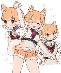 Rule 34 | 010mzam, 1girl, animal ears, arm up, blush, brown shorts, brown vest, clenched hand, closed eyes, collared shirt, cowboy shot, cutoffs, dog (shiba inu) (kemono friends), dog ears, dog girl, dog tail, hair between eyes, hands on own hips, harness, highres, kemono friends, light brown hair, multicolored hair, multiple views, necktie, open mouth, orange necktie, shirt, short shorts, shorts, sidelocks, smile, t-shirt, tail, vest, white hair, white shirt